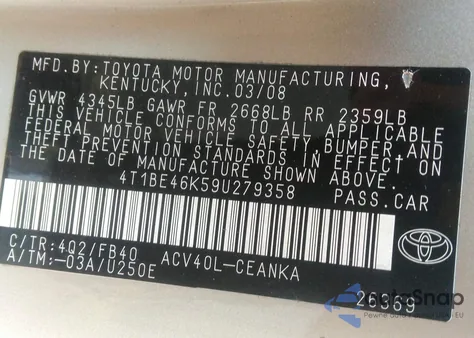 2009 Toyota Camry Le from USA, damaged, VIN 4T1BE46K59U279358